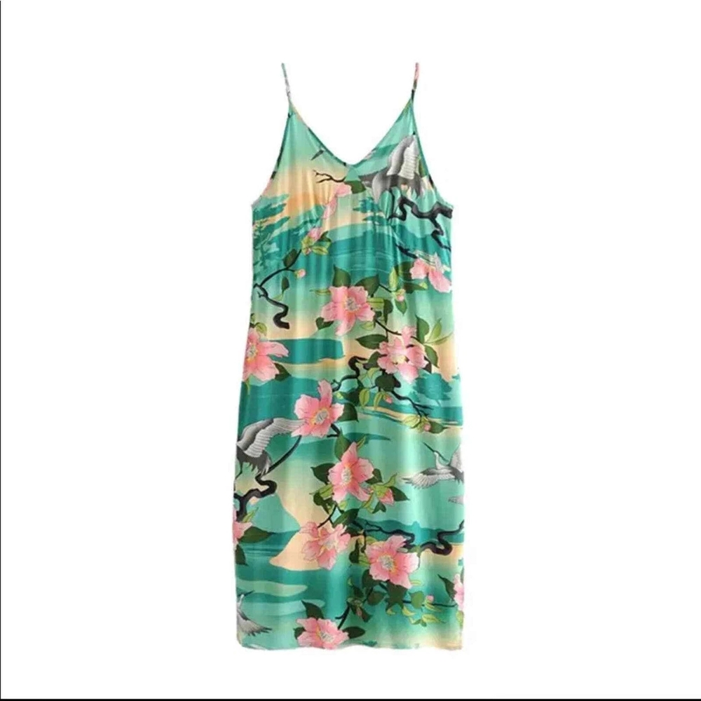 Floral Slip Crane Dress in Green and Pink